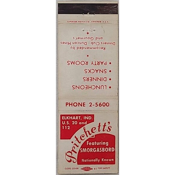 Vintage Matchbook Cover Pritchett’s Restaurant Smorgasbord Elkhart IN Indiana - Picture 1 of 4